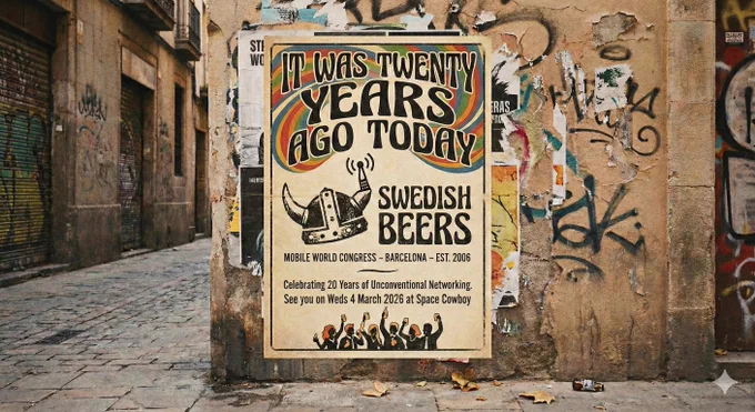 An AI generated image depicting the back streets of Barcelona with graffiti and remnants of old fly posters. Posted in the centre of the image on one of the walls is a retro style poster advertising this year's Swedish Beers party and the fact that it was established in 2006 thus celebrating twenty year anniversary. 