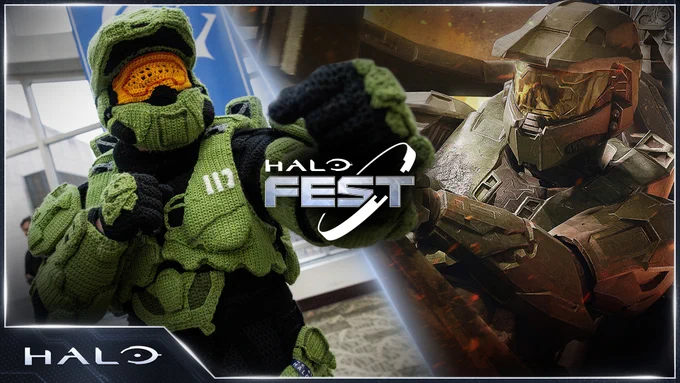 Two Master Chiefs, one an image and the other a picture of a cosplayer in crochet. 