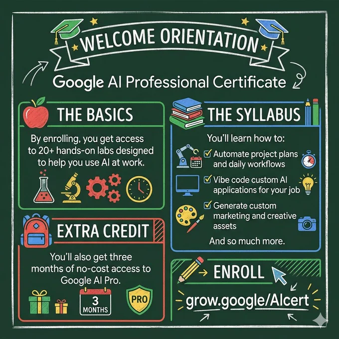 An educational graphic for Google AI Professional Certificate outlining the course's syllabus topics, benefits and how to sign up.