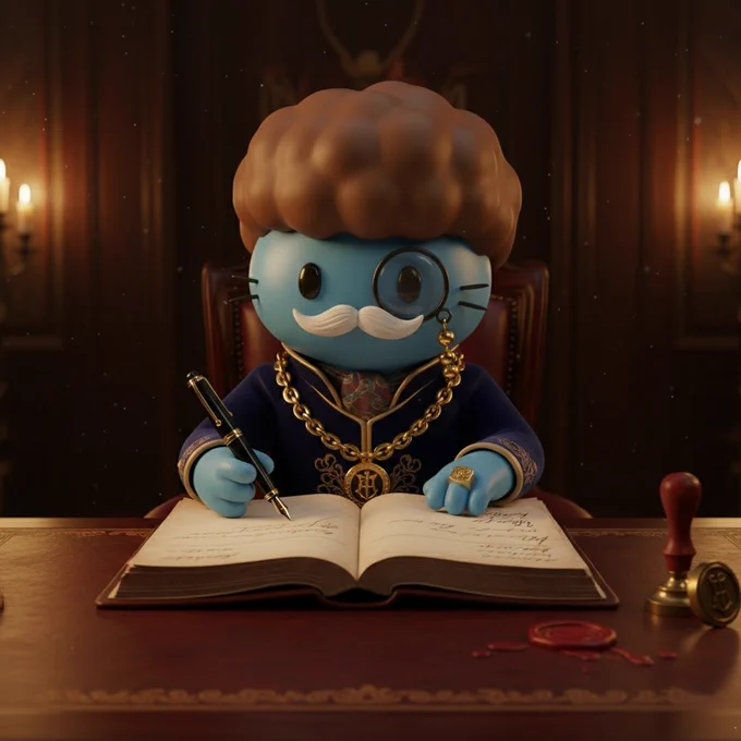 Blue feline character dressed in a dark velvet ceremonial jacket with gold embroidery, seated at a large mahogany desk in a dimly lit old-money study. An open antique leather-bound ledger lies in front of him, and he is writing in it with a black and gold luxury fountain pen. A red wax seal and brass stamp with his emblem rest beside the book. Warm candlelight illuminates the scene.”