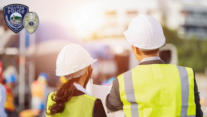 Photo of man and woman wearing hardhats and hi-visibility vests, facing away from the camera.