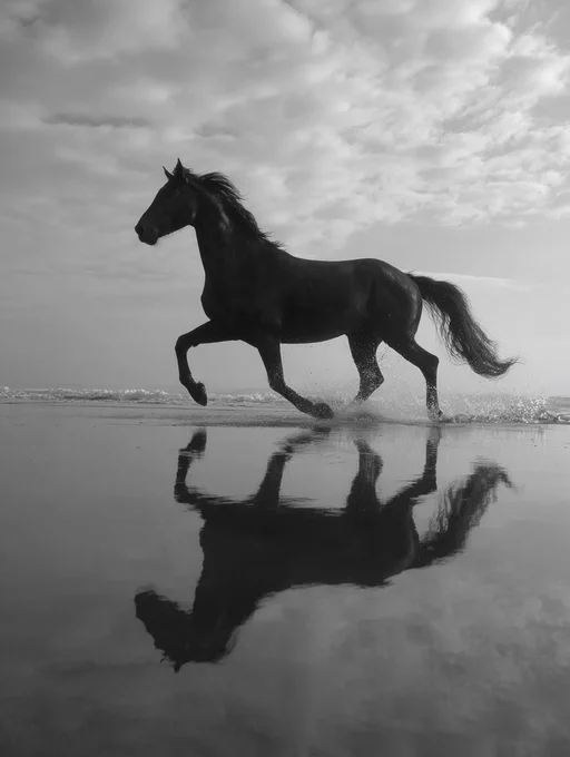 A black horse gallops through shallow water, its reflection visible, under a cloudy sky in a dramatic black-and-white scene.