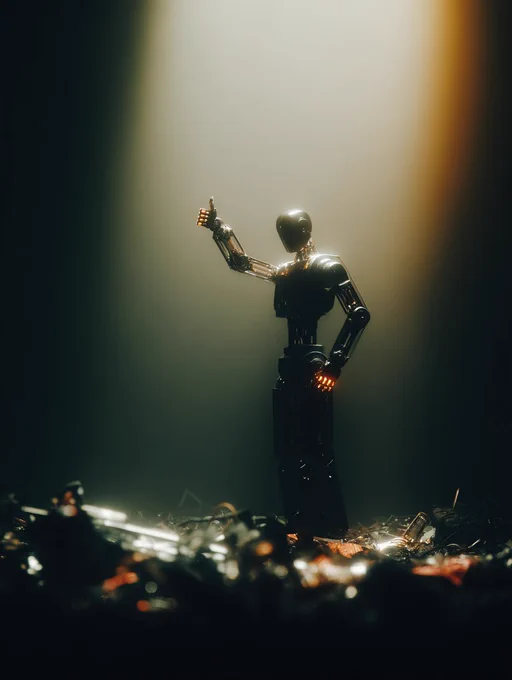 A sleek, metallic robot stands on debris, illuminated by soft lighting, giving a thumbs-up gesture.