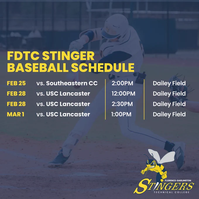 Baseball player swinging a bat in action. Overlay text lists FDTC Stinger Baseball Schedule: Feb 25 vs. Southeastern CC at 2:00 PM, Feb 28 vs. USC Lancaster at 12:00 PM and 2:00 PM, Mar 1 vs. USC Lancaster at 1:00 PM, all at Dailey Field. Florence-Darlington Technical College Stingers logo displayed.