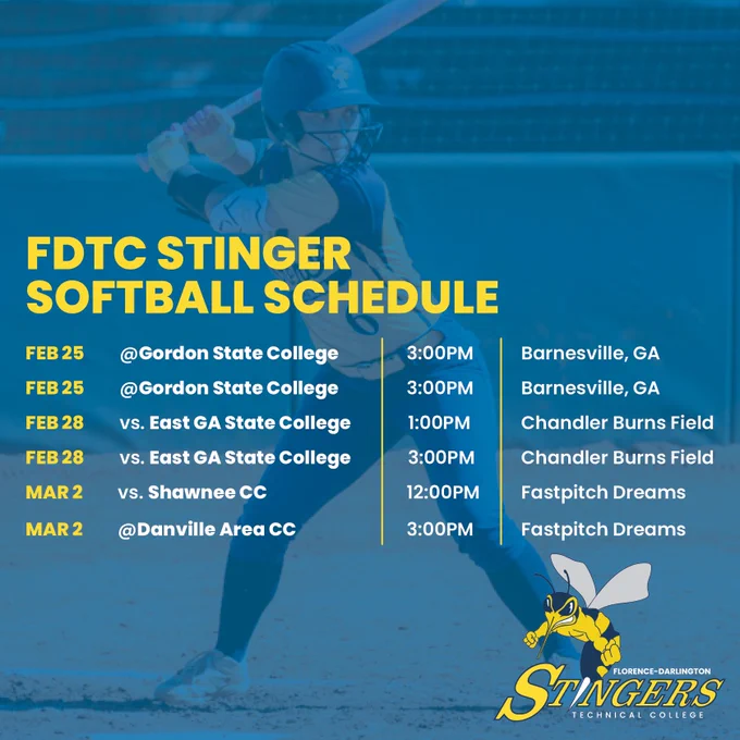 The image displays the FDTC Stinger Softball schedule for February 25 to March 2, with games against Gordon State College, East GA State College, Shawnee CC, and Danville Area CC. The games take place at various times and locations, including Barnesville, GA, Chandler Burns Field, and Fastpitch Dreams. The Florence-Darlington Technical College Stingers logo is visible.