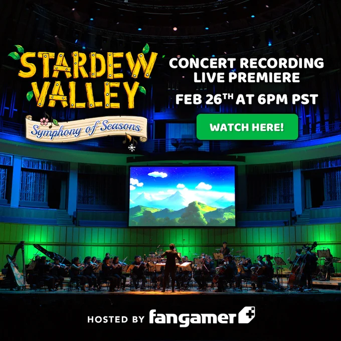 An image showing the Stardew Valley Symphony of Seasons logo above a photo of the 35-piece orchestra performing the music. 