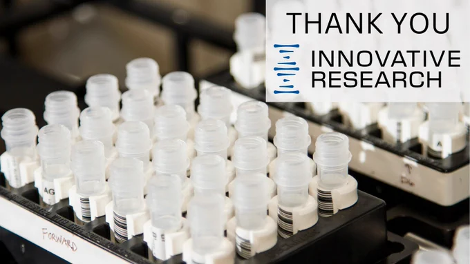 There are racks of small tubes. In the top right, the text reads, "Thank you Innovative Research."