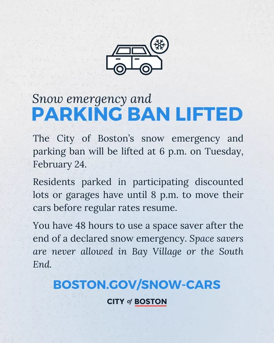 City of Boston announces snow emergency and parking ban lifted at 6 p.m. on Tuesday, February 24.