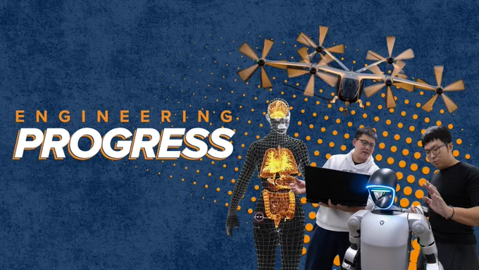 Futuristic engineering imagery with a flying taxi, humanoid robot, digital human anatomy, and two engineers collaborating on a laptop.