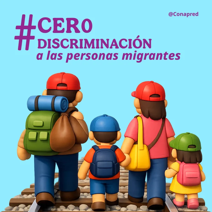 Imagen con el texto: #CeroDiscriminación a las personas migrantes