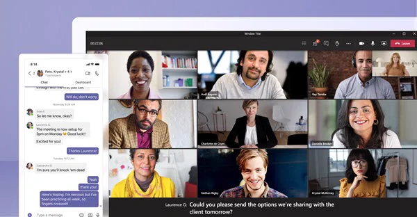 Virtual team meeting with multiple participants in a video conference grid, including a chat sidebar showing a conversation about scheduling and project updates.