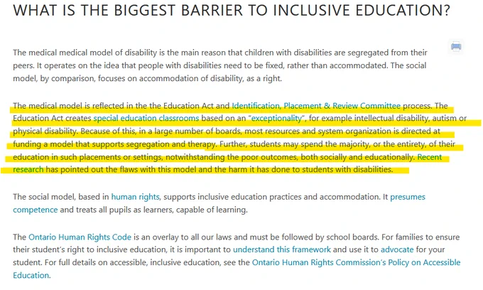 Image is a screen capture from Inclusive Action in Ontario's website. It explains how the medical model of disability is the biggest barrier to inclusive education 