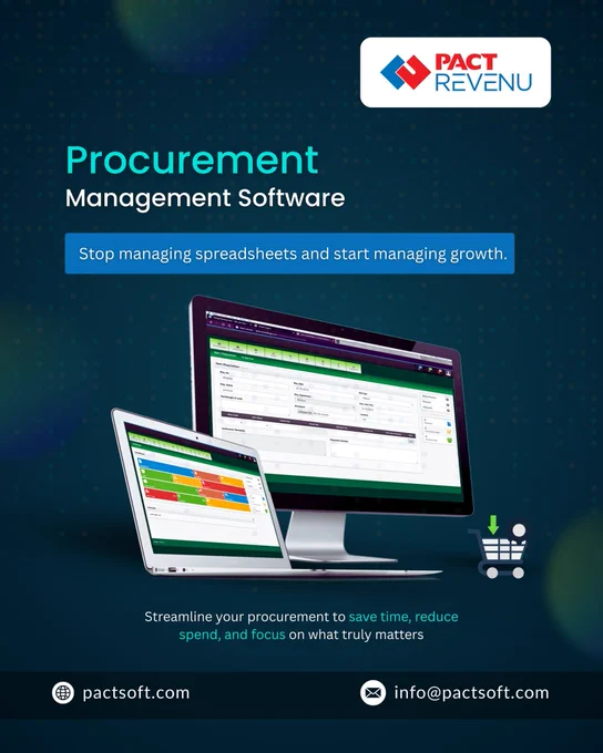 Promotional graphic for PACT REVENU Procurement Management Software showing desktop and tablet dashboards for managing purchase requests, vendors, approvals, and procurement workflows. The design highlights automation of procurement processes to replace spreadsheets, reduce operational costs, improve spend visibility, and streamline purchasing management. Text emphasizes saving time, controlling spend, and supporting business growth. Company website pactsoft.com and contact email info@pactsoft.com are displayed, promoting digital procurement solutions for modern business operations.