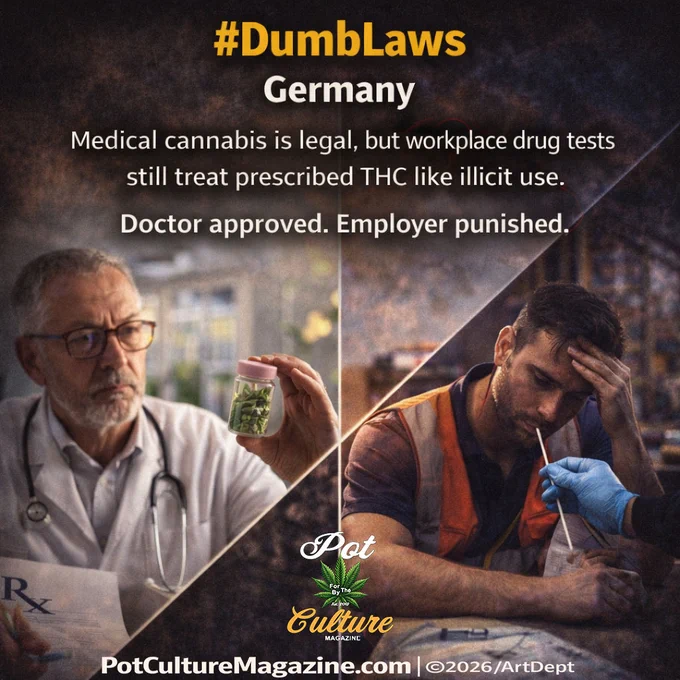 DumbLaws graphic labeled “#DumbLaws Germany.” Text explains that medical cannabis is legal, but workplace drug tests still treat prescribed THC like illicit use, followed by the line “Doctor approved. Employer punished.” Image is split diagonally: on the left, a doctor holds a prescription and a container of cannabis; on the right, a distressed worker in a safety vest undergoes a drug test swab. PotCultureMagazine.com ©2026 Pot Culture Magazine Art Dept.