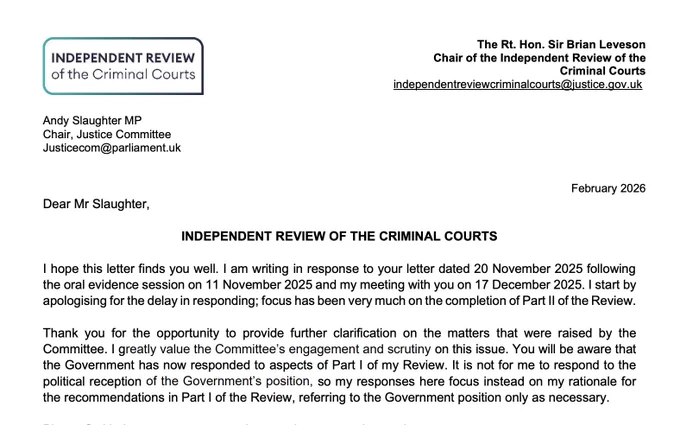 A screenshot of the opening section of the letter from Sir Brian Leveson
