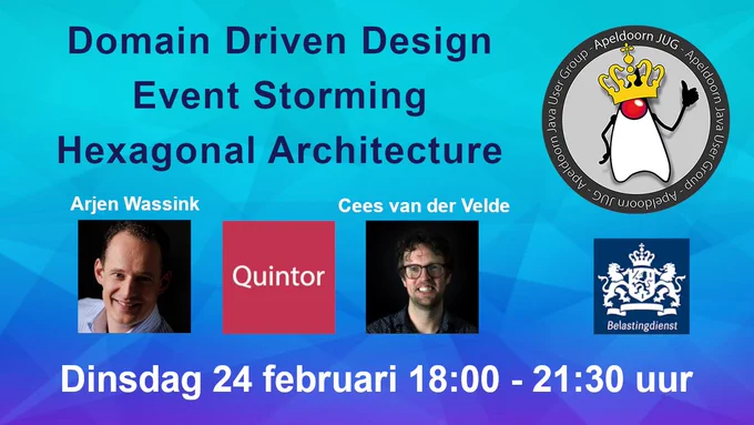 Op dinsdagavond 24 februari 2026 van 18:00 tot 21:30 uur organiseert de Apeldoorn JUG bij de Belastingdienst een Java Meetup over Domain Driven Design, Event Storming & Hexagonal Architecture door Arjen Wassink & Cees van der Velde van Quintor. 

Geef je dan op via https://www.meetup.com/nl-NL/apeldoornjug/events/313020045
