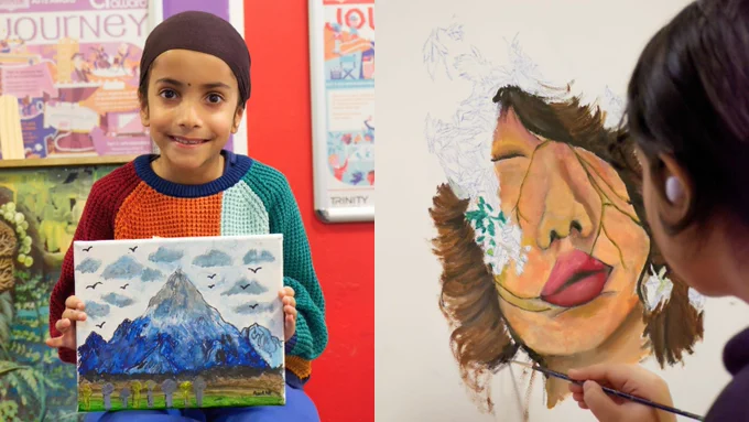 A young person with a colourful sweater holding a painting of a mountain scene, including a snowy peak, birds, and a grassy field. 

On the right, a person is painting a large portrait with vibrant colours, focusing on the face with expressive features.