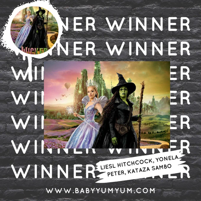 🎉 A huge congratulations to our Wicked Mini‑Hamper Winners! 🎉 Liesl Hitchcock, Yonela Peter, and Kataza Sambo, you’ve each won 1 of 3 ultimate hampers! 💛✨  We can’t wait for you to enjoy these goodies and celebrate in style. A massive thank you to everyone who entered and joined the fun. 🙌  Keep your eyes on our page for the next giveaway and more surprises are coming! 👀  #BabyYumYum #BYY #UniversalPicturesSA #CompetitionWinner #GiveawayWinner #FamilyFun #LuckyWinner #WinWithBYY #WickedMiniHamper  @UniversalPics