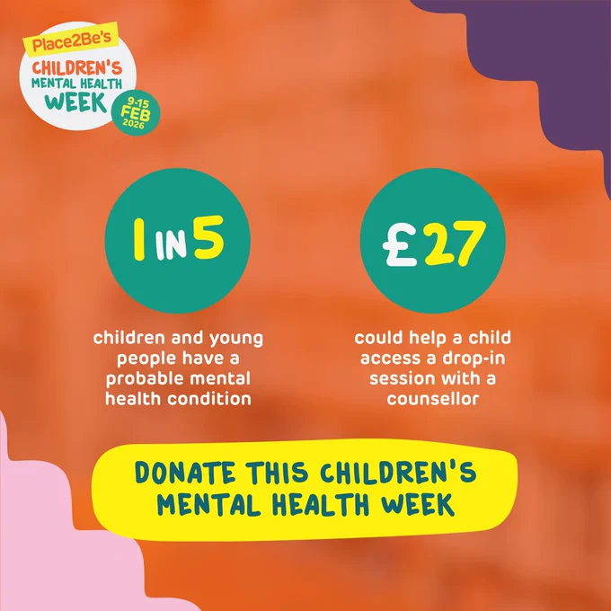 Promotional image for Place2Be's Children's Mental Health Week 2026, featuring statistics and a donation call to action. Text indicates 1 in 5 children and young people have a probable mental health condition and that £27 can help a vulnerable child access a drop in counselling session. Background includes vibrant orange and purple colors.
