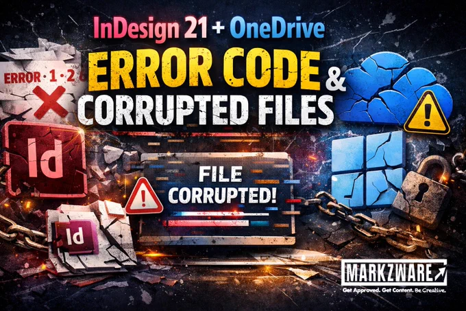graphic with InDesign 21 and OneDrive corrupt file message and how Markzware can help