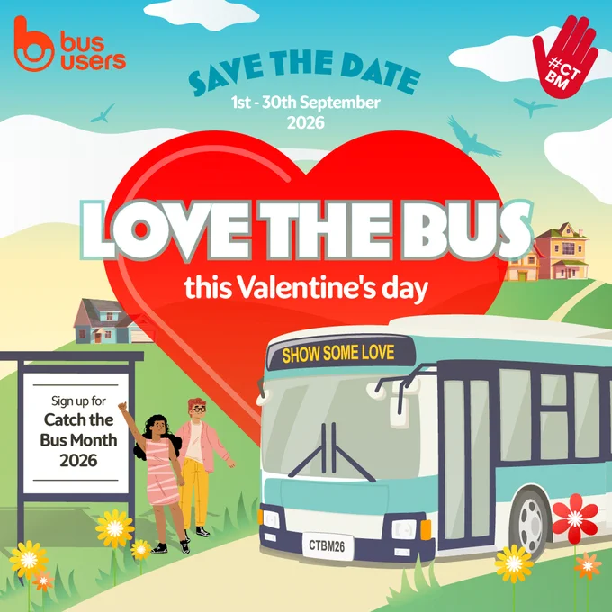 Heart graphic with the words Save the Date and Love the Bus this Valentine's Day - sign up for Catch the Bus Month