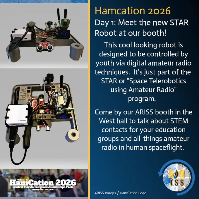 HamCation 2026 ARISS booth feature: Side-by-side images of the cool STAR Robot—a boxy chassis with twin red camera lenses, long black antennas, AVIDO hardware, exposed electronics, foam tires, and cables. Text promotes meeting the robot Day 1, youth-operated via digital amateur radio in the STAR (Space Telerobotics using Amateur Radio) program. Come to West Hall booth to discuss ISS STEM contacts, education opportunities, and ham radio in space. February 13-15 at Central Florida Fairgrounds and Expo Park. ARISS branding and event logo."

