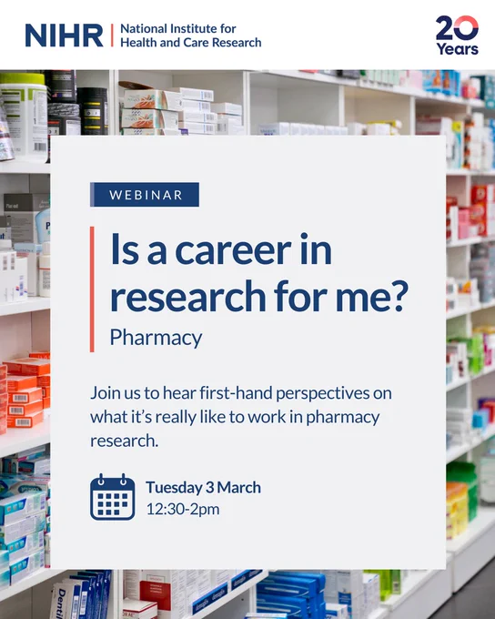 Webinar: Is a career in research for me? Pharmacy

Join us to hear first-hand perspectives on what it's really like to work in pharmacy research. 

Tuesday 21 March 
12:30 - 2pm