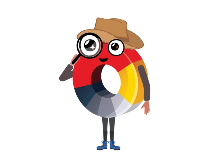  Illustration of a colorful anthropomorphic donut graph wearing a wide-brimmed hat, dark pants, and blue lace-up boots, holding a magnifying glass.