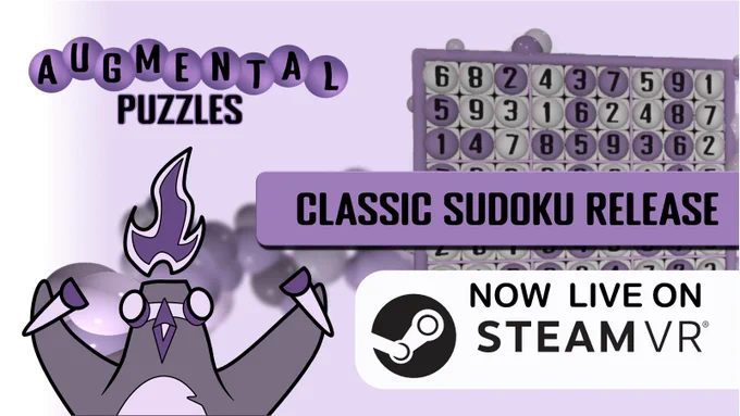 Augmental Puzzles promotional image — the Flammable Penguins mascot (a purple penguin with a flame crown) celebrates in front of a VR sudoku board filled with numbered balls. Banners read "Classic Sudoku Release" and "Now Live on SteamVR" with the Steam logo.