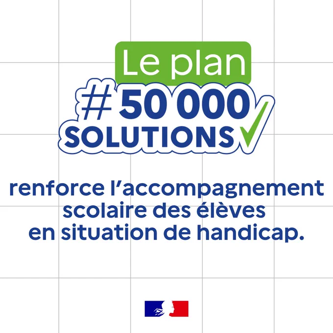 Image sur fond blanc avec le texte : "Le plan #50 000 solutions renforce l’accompagnement scolaire des élèves en situation de handicap." Un logo bleu, blanc, rouge du gouvernement français se trouve en bas.