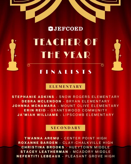 A informational graphic celebrating Teacher of the Year finalists in the Jefferson County School District. The graphic is Oscars themed. 