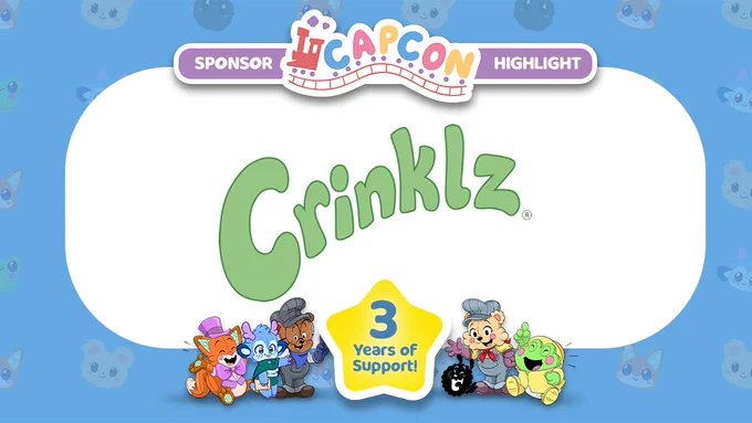 CAPCon Sponsor Highlight graphic featuring the Crinklz logo centered on a light background. The logo displays “Crinklz” in large, rounded green lettering with a small registered trademark symbol. A yellow star at the bottom reads “3 Years of Support!” Cartoon animal mascots line the bottom border beneath the star.