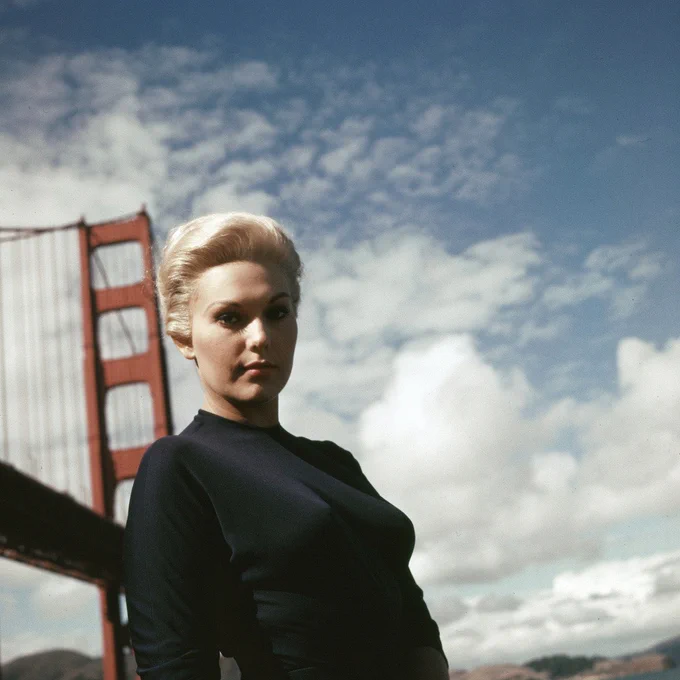 Kim Novak on location in San Francisco while filming Alfred Hitchcock’s VERTIGO (1958).
