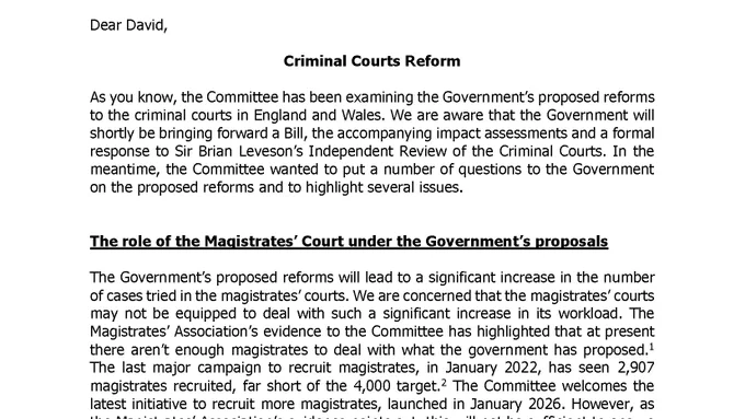 An image of a section of a letter to David Lammy MP about criminal courts reform.