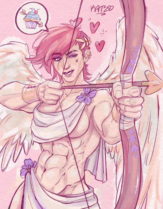 a digital illustration of Vi from Arcane depicted as Cupid. she's portrayed in an half body shot while she's about to shoot an heart shaped arrow from her bow; she's aiming for someone out of frame, a little speech bubble containing a cupcake with blue frosting gives away who she's targeting. her bare muscular body is covered on the chest and the waist only by two light drapes, taken in place by violets. little golden accessories as her piercings and wreath frame the face with a mischievous smile while one eye is closed for a better aim. behind her figure two big with wing take up the sides of the picture as if she's in the air. the coloring technique is kinda blocky, you can see square brush strokes under a grainy pencil Lineart, all the colors are leaning towards pink and yellow tones; light and soft hoping to fit the concept of joyous love.