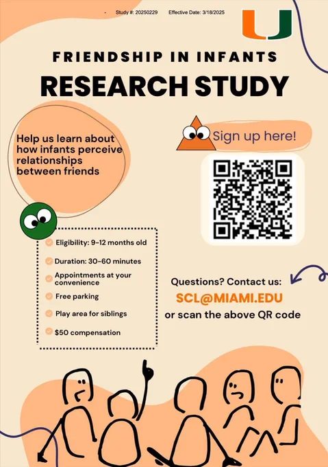 Friendship in infants research study. 12-16 months. $50 compensation. Contact SCL@miami.edu or scan QR code.