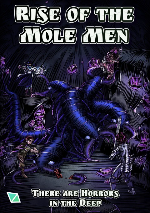 Four adventurers surrounding a hydrapede (a hydra/centipede) in combat
