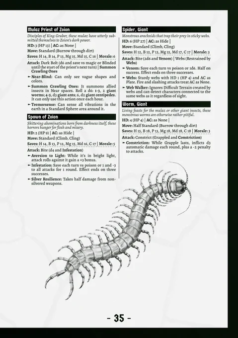 Four statblocks from the adventure, plus a big ol' centipede at the bottom of the page. The statblocks are: Mulaz Priest of Zoion, Spawn of Zoion, Giant Spider, and Giant Worm