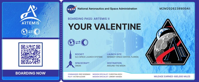 A blue boarding pass for sending your name on the Artemis II flight around the Moon. The name field includes text reading \u201CYour Valentine.\u201D Credit: NASA