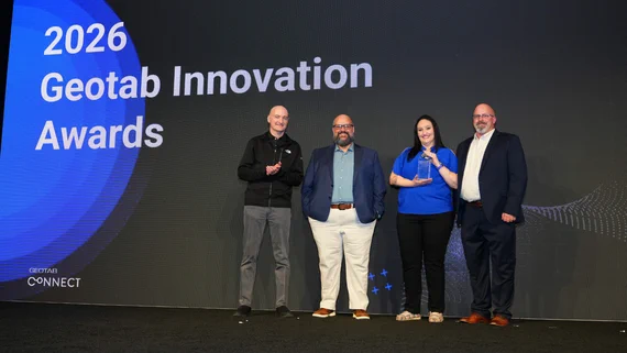 OMES Fleet Management staff accepting the Maintenance Champion award at the 2026 Geotab Connect ceremony. From left: Neil Cawse, founder and CEO of Geotab; Nathan Pumphrey, OMES fleet director; Brandi Evans, OMES fleet service advisor; and Jed Redeker, OMES fleet systems manager.
