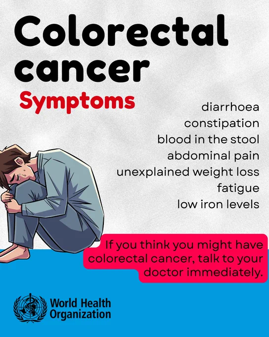 List of colorectal cancer symptoms including diarrhea, constipation, blood in stool, abdominal pain, weight loss, fatigue, and low iron levels with a person sitting curled up in distress.