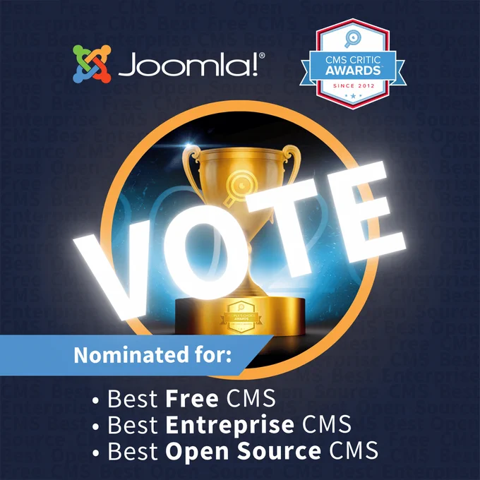 Golden trophy with glowing VOTE text highlighting Joomla's nomination for Best Free, Enterprise, and Open Source CMS awards.