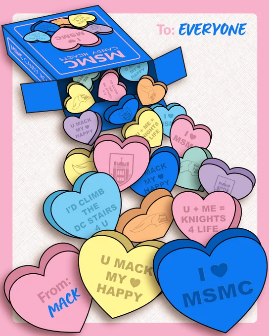 Valentine's Day graphic with MSMC themed candy hearts.