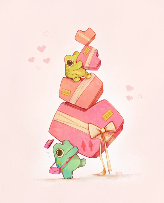 two cute frogs carrying heart shaped boxes for valentine's day adorable frog illustration by chetom