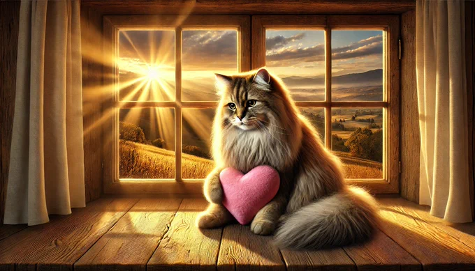 A Cat On A Windowsill Hugs A Pink Heart Pillow 