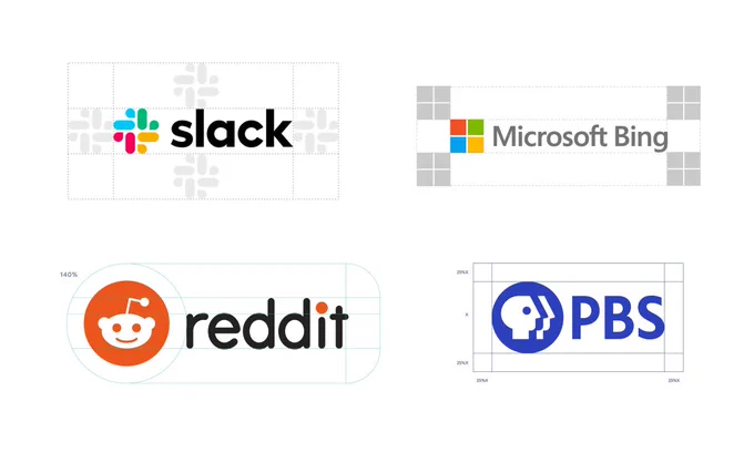 Examples of clear space around logos following brand guidelines best practice for design. Slack, Microsoft Bin, Reddit, PBS logo examples of safe areas.
