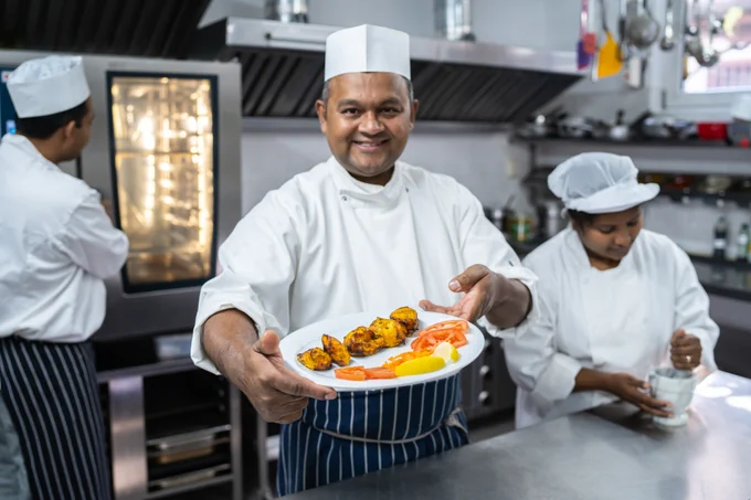 Chef in white uniform presenting a plate of grilled chicken skewers with sliced vegetables in a professional kitchen.