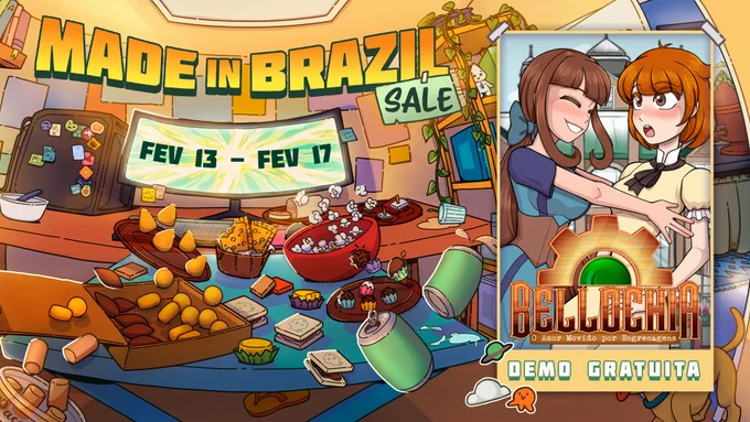 Uma arte cheia de vários objetos (coxinhas, enroladinhos, kibes, refrigerantes, biscoitos, etc) com o texto esquerdo acima dizendo "Made in Brazil Sale: 13 de fevereiro até 17 de fevereiro". Ao lado, a capa do jogo "Bellochia: Love Powered by Gears" com o texto abaixo dizendo "Demo Gratuita".