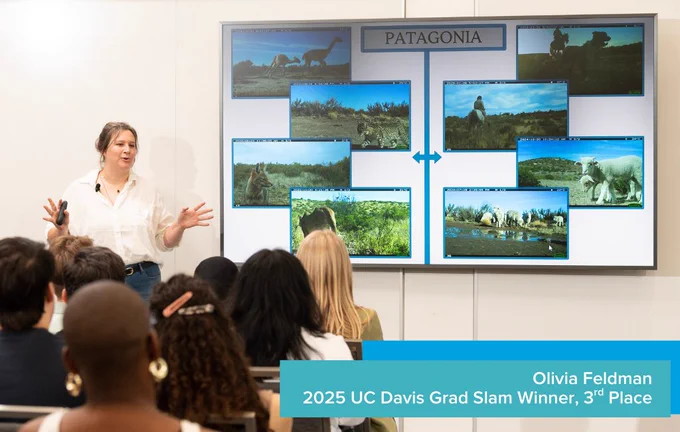 2025 UC Davis 3rd Place Grad Slam Winner, Olivia Feldman, presenting her research to an audience.
