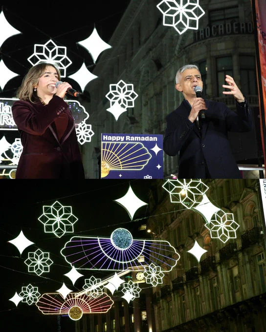 Collage image - above is Mayor Sadiq Khan and a woman holding microphones and speaking, in front of a lit up street. Below is Ramadan lights strung between buildings.